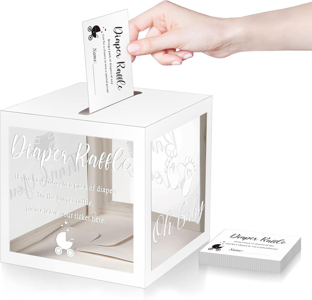 50 Diaper Raffle Tickets with Box for Baby Shower Game Invitations